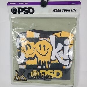 NEW PSD Women's Sports Bra Yellow Black White Cookies Sz L NWT